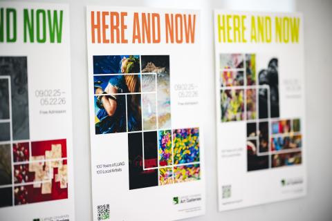 Three white posters with Here and Now across the top in green, orange, and yellow text. Images of artwork have graphic lines overtop to connect them.